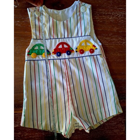 Vintage 80s 90s Toddler Striped Overalls with Car Appliqué & Button Closures - Picture 7 of 11
